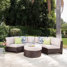 Noble House Brown 5 Piece Wicker Outdoor Sectional And Ottoman Set With Textured Beige Cushions 10968 The Home Depot Wicker Outdoor Sectional Outdoor Sectional Noble House