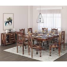 The Florida Handcrafted Rustic Solid Wood 10 Piece Dining Table Set Features A Graceful Square Dining Table Wi Dining Square Dining Tables Dining Table Setting