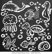 Cute Childrens Drawing White Chalk On A Black Board Icons Signs Symbols Pins Marine Elements Fish Jellyfis Childrens Drawings Drawings Easy Canvas Art