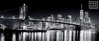 Panoramic Skyline Of Brooklyn Bridge And Manhattan At Night Black And White Photo By Andrew Prokos Panoramic Skyline Night Landscape Photography