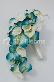 Stunning Turquoise Orchid Ivory Calla Lily Cascading Bouquet Stunning Turquoise Orchid Ivo Flower Bouquet Wedding Calla Lily Bridal Simple Wedding Bouquets