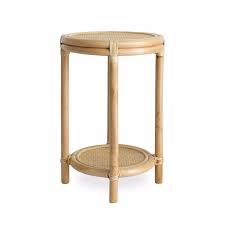 Transitional style wood and woven rattan round end table, brown. Havana Round Rattan Side Table By Black Mango