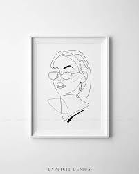 Printable 90s Inspired Drawing Female Face Lines Illustration One Line Girl Sketch Glasses Fashion Woman Print Minimalist Style Wall Art Line Art Drawings Line Illustration Art Inspiration Drawing