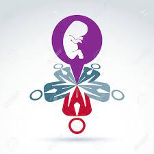 Conferencia Sobre El Embarazo Y El Aborto. Ilustración Vectorial De Un  Grupo De Personas De Chat - Conversación Sobre La Idea De Protección Del  Bebé. Bocadillo Con Un Signo De Embriones Bebé.