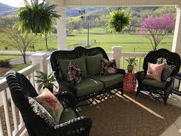 Sage Black And Pink Porch With Floral Accents Coral Side Tables Black Wicker Jute Rug Montvale Virginia And Cyp Outdoor Furniture Sets Montvale Home Decor