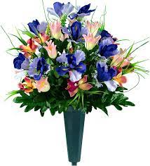Maybe you would like to learn more about one of these? Amazon Com Sympathy Silks Artificial Cemetery Flowers Realistic Vibrant Tulips Outdoor Grave Decorations Non Bleed Colors And Easy Fit Cream Pink Tulip Bouquet With Cemetery Vase Home Kitchen