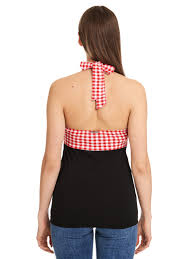 Damen lackleder neckholder rückenfrei tank top weste oberteil mit reisverschluss. Pussy Deluxe Red Plaid Women Neckholder Top Napo Webshop