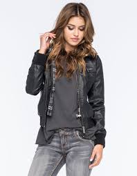 Full Tilt Faux Leather Plaid Womens Bomber Jacket Jackets Bomber Jacket Women Cropped Faux Leather Jacket Bomber Jacket