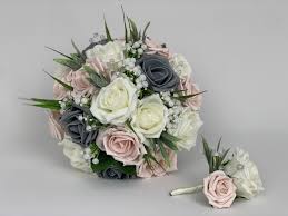 Wedding bouquet blush pink & silver grey bridal bouquet mixed with eucalyptus (large). Artificial Wedding Flowers Package Blush Pink Grey