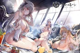 kakao (chocolate land), formidable (azur lane), illustrious (azur lane),  victorious (azur lane), azur lane, game cg, official art, 3girls, ;d, ass,  bathing, blonde hair, blue eyes, blush, breasts, completely nude, cup, grey