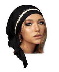 Black Pre-tied Headscarf: Silver Floral Applique Boho Bandana