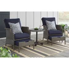 Hampton Bay Grayson 5 Piece Ash Gray Wicker Patio Small Spaces Chat Set With Midnight Blue Cushions Fm18067 G The Home Depot Small Patio Furniture Gray Patio Furniture Patio Furniture Sets