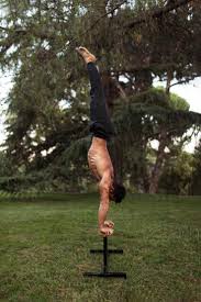 Männlicher Athlet übt Handstand auf Parkbank, lizenzfreies Stockfoto