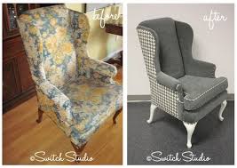 Switch Studio Oakville Reupholster Wingback Chair Grey Houndstooth Fabric Reupholster Chair Leather Dining Room Chairs Reupholster Furniture
