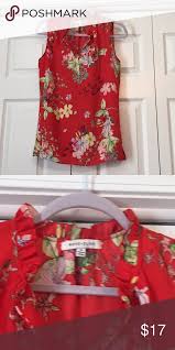 Rose Olive Red Floral Blouse Size S Lightweight Material Ruffle Detail At Neckline Size S Perfect To To Lay Red Floral Blouse Floral Blouse Clothes Design