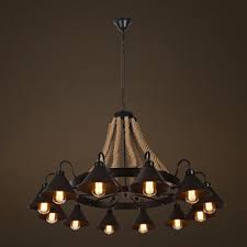 Industrial 43 W Large Chandelier With Rope And Cone Metal Shade In Black 12 Light Takeluckhome Com