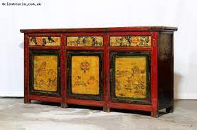 Vintage Chinese Shanxi Province Lacquer Painted Sideboard Cabinet Asian Furniture Painted Sideboard Furniture