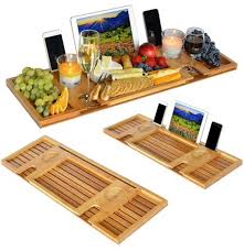 Generic bamboo bathtub caddy tray wooden bath tray with extending arms, reading rack, tablet holder, cellphone tray and wine glass hold Bamboo Bathtub Caddy Tray With Reading Rack Tablet Holder Cellphone Tray Wine Glass Holder