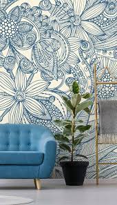Stunning Flowers And Doodles Blue Wall Mural From Wallsauce This High Quality Flowers Feature Wall Wallpaper Blue Wallpaper Living Room Large Print Wallpaper