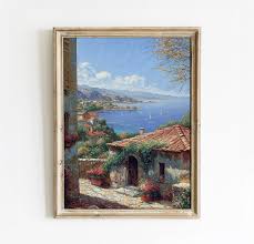 Charming Mediterranean Village With Coastal View and Sailboats Scenic  Printable Art for Home Decor Art Academi