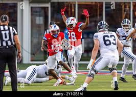 Brigham Young University wide receiver Devon Blackman tries to stay in  bounds after catching a long pass during the Royal Purple Las Vegas Bowl at  Sam Boyd Stadium in Las Vegas, Dec.