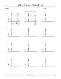 adding proper fractions vertically with denominators from 2 to 9 a