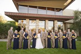 Trilogy At Vistancia Wedding Navy Floor Length Long Bridesmaids Dresses And Tan Suits With Navy Ties Fo Tan Wedding Colors Tan Wedding Tan Bridesmaid Dresses