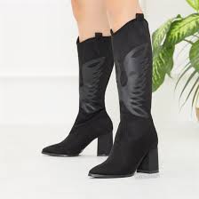 Gardabani Suet Siyah Diz Alti Western Cizme Western Suede Heels Longboots Boots Black Cizmeler Bot Topuklular