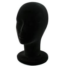 Tête femme polystyrène noire, tête mannequin, présentoir chapeaux.