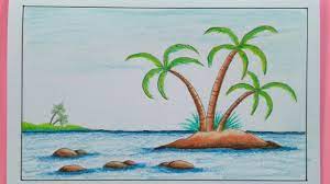 Contoh gambar pemandangan untuk anak tk dan sd Cara Menggambar Pemandangan Alam Pantai Youtube