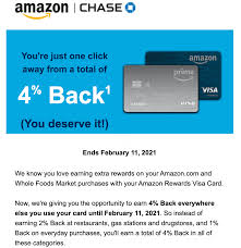 3% back equates to $0.03 in % back rewards, which is equal to 3 points, for each $1 spent. Expired Chase Amazon Prime Card Get 4 Or 3 Or 2 Back Everywhere With No Limits Thru November Or February Doctor Of Credit