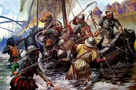 English Troops Assault The French Fleet On The Orne River Under The Walls Of Caen 1346 Ancient Warfare Historical Art Medieval