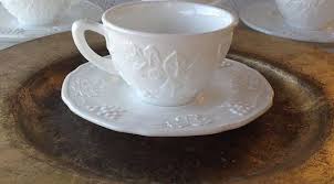 Vintage White Tea Cup Set Vintage Milk Glass Colony Harvest Grape Cups Saucers Mid Century White Glass Dish Set White Tea Cups Tea Cups Glass Tea Cups