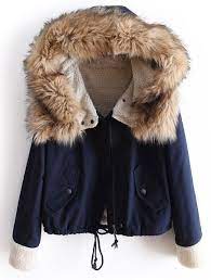 Faux Fur Hooded Navy Coat Faux Fur Hooded Coat Drawstring Coat Winter Jackets Women