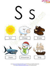 Each page shows a list of words, illustrated with small pictures, that begin or end with one letter of the alphabet. Course English Preschool Topic Letter S And S Worksheets