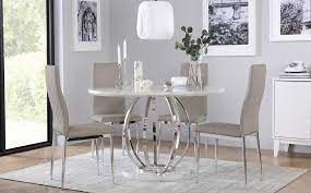 Savoy Round White Marble And Chrome Dining Table With 4 Renzo Taupe Chairs Furniture Choice Chrome Dining Table Dining Room Table Set Dining Table Marble