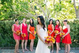 Mismatched Orange And Pink Bridesmaid Dresses Photo By Emily Takes Photos Celebrity Wedding Dresses Bright Bridesmaid Dresses Short Bridesmaid Dresses