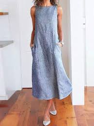Round Neck Sleeveless Mid Calf Casual Pullover Dress Cotton Stripe Dresses Summer Dresses For Women Crewneck Dress