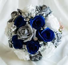 100 navy and silver wedding favors monogram water bottle labels waterproof ink. A Hand Made Wedding Bouquet Made With Artificial Flowers This Lovely Bouquet Comprises O Blue Wedding Flowers Blue Silver Weddings Silver Wedding Centerpieces