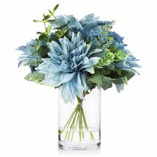 Artificial flowers in a glass vase. Enova Home Mixed Artificial Dahlia Fake Silk Flowers And Eucalyptus Grasses Arrangement In Clear Glass Vase With Faux Water Overstock 32145669