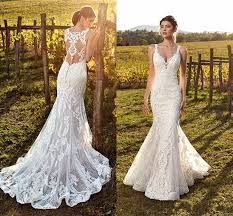 Fitted through the bodice and. 2020 Vintage Ivory Straps Deep V Neck Lace Mermaid Wedding Dresses Full Lace Tulle Summer Beach Wedding Bridal Gowns Illusion Back Bc1107 From Promotionspace 150 78 Dhgate Com