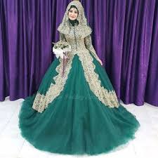 Click To Buy Muslim Emerald Green Wedding Dresses With Gold Lace Applique High Neck Long S Ball Gowns Wedding Boho Bridal Gowns Wedding Dress Long Sleeve