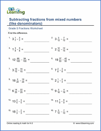 The answer to a subtraction problem when subtracting two numbers. Grade 5 Math Worksheets Subtracting Fractions From Mixed Numbers K5 Learning