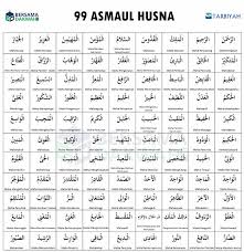 Nama yang dikenal dengan asmaul husna tersebut berjumlah 99 dan hanya patut dimiliki oleh allah. 99 Asmaul Husna Arab Latin Arti Keutamaan Dan Khasiat