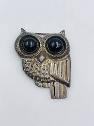 William Spratling Vintage Mexican 980 Sterling Silver Black Onyx Owl Pin