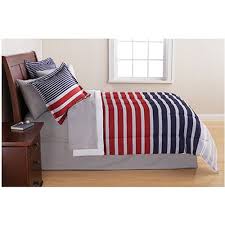 Black And White Striped Bed Skirt Mainstays Grey Blue Stripe Bed In A Bag Bedding Set Walmart Com Striped Bedding Striped Room Full Bedding Sets