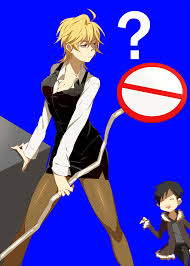 chanko neru, nkmr, heiwajima shizuo, orihara izaya, durarara!!, bad id, bad  pixiv id, gender request, highres, 1boy, 1girl, ?, black hair, blonde hair,  breasts, cleavage, closed eyes, coat, genderswap, green eyes, large