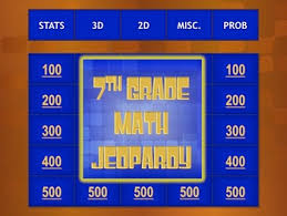• terms to know, adding integers, subtracting integers • a mix of operations with addition/subtraction • word problems • most 500 point questions require the students to analyze a problem that has already been worked. Math Jeopardy 7th Grade Math Games