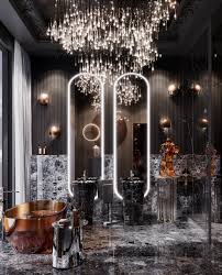 Black marble bathroom elegant chandelier lighting. Bathrooms Design That Will Astonish You