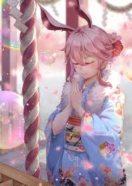 Anime Art Bunny Girl Rabbit Girl Rabbit Ears Pink Hair Hair Pulled Back Kimono Obi Fur Scarf Flower Shrine Praying Anime Manga Kunst